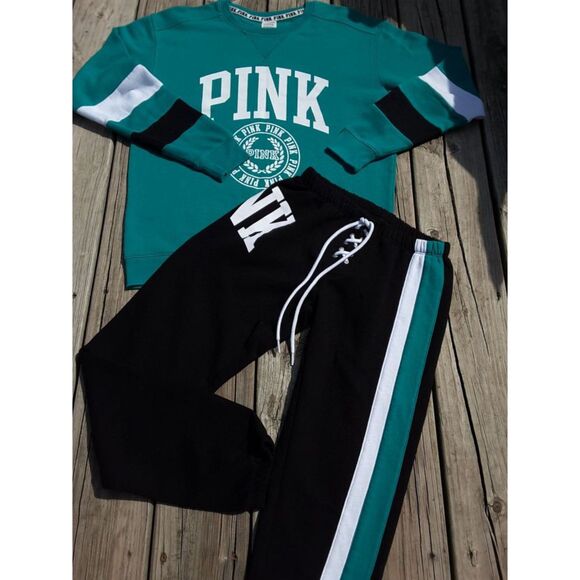 PINK Victoria’s Secret logo crew neck teal green sweatshirt medium long sleeve - Picture 11 of 11